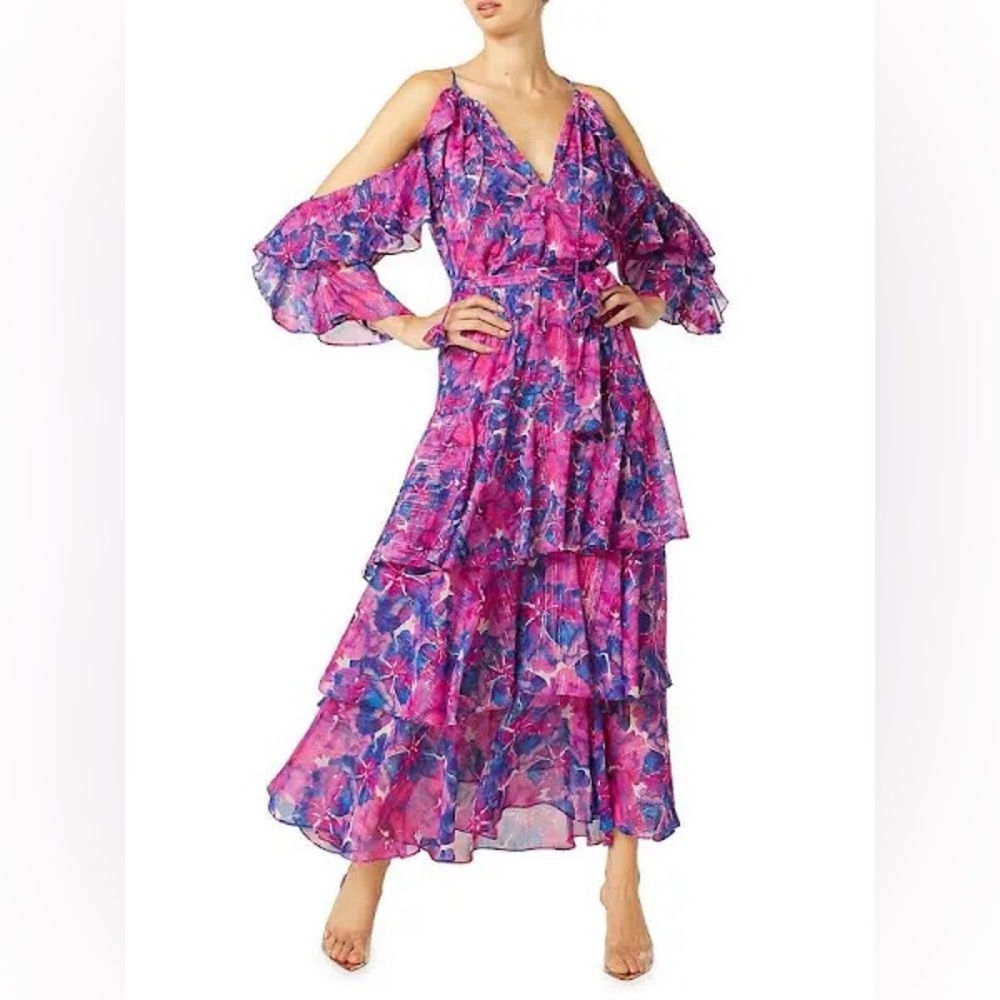MISA Los Angeles Paradis Tiered Floral Maxi Dress Watercolor Blues Size Small